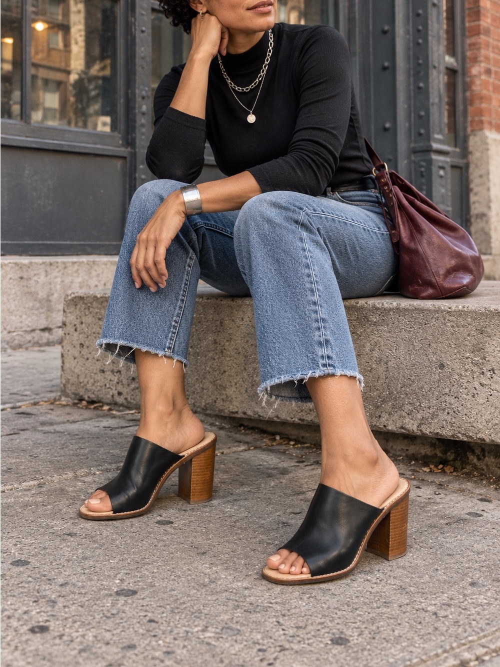 Madewell Finch Black Leather Mule Sandals Stacked Block Heel Minimalist 6.5